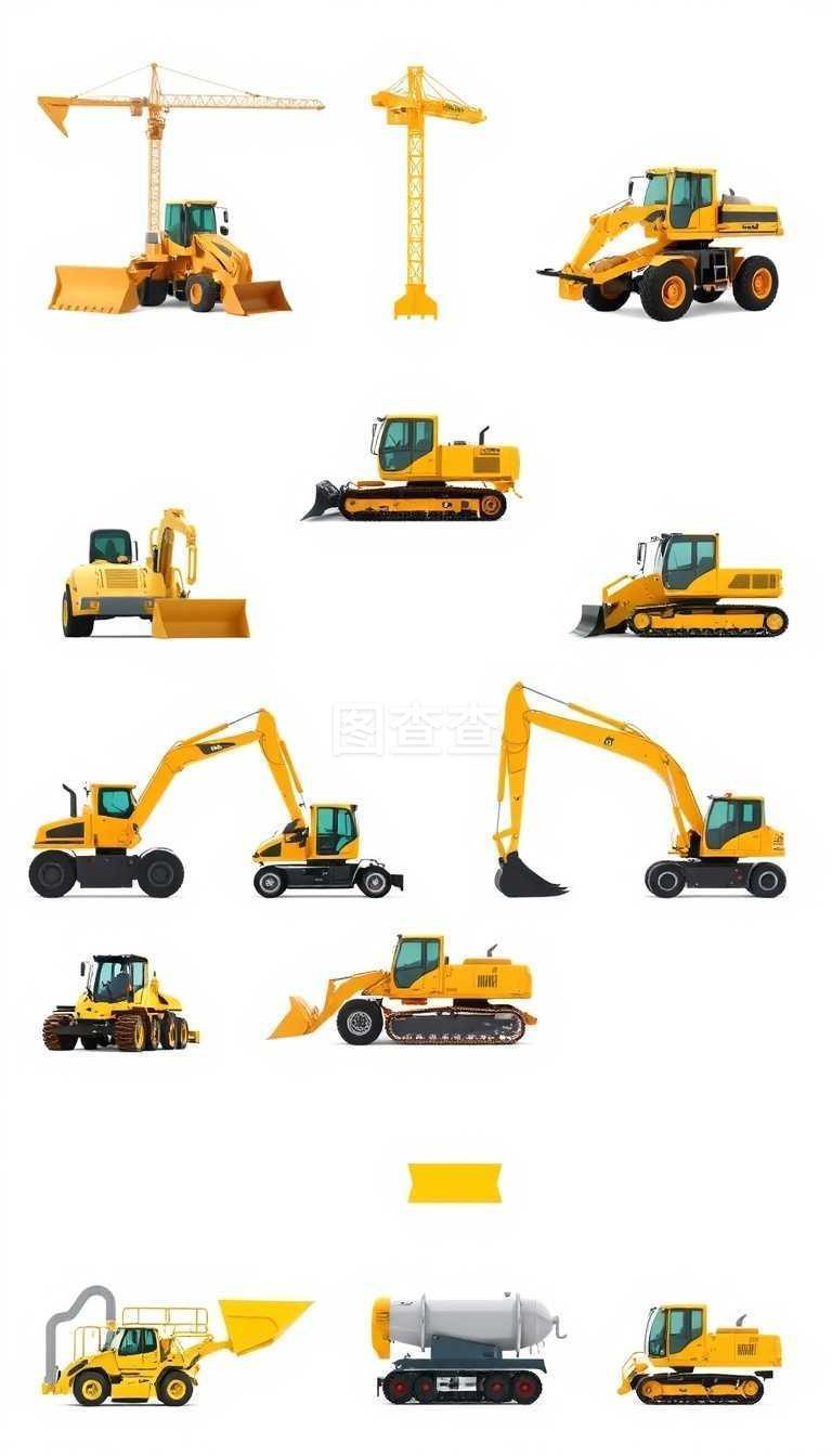 建筑设备矢量、施工工具和机械.一套独立的运输设备、推土机、装载机和挖土机平板式机械.建筑工程专用机械.建筑设备、建筑机械